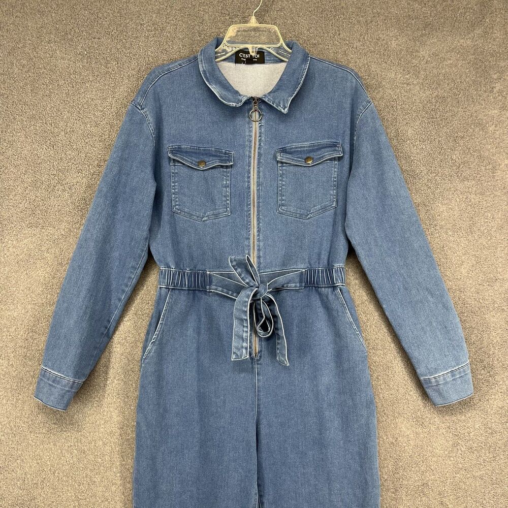 C'est Toi Jumpsuit Womens Large Denim Long Sleeve Zip‎ Up Belted Elastic Waist - Picture 2 of 16
